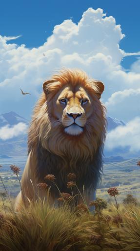 Una huella de león claramente visible en la tierra seca de la sabana, con hierba alta alrededor y un cielo azul claro en el fondo. --ar 9:16
