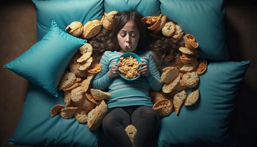 Una joven, sentada en su sofá, está viendo una película mientras come un paquete de papas fritas aburridas, Camcorder Effect, Top-View, Ultra-HD --ar 16:9