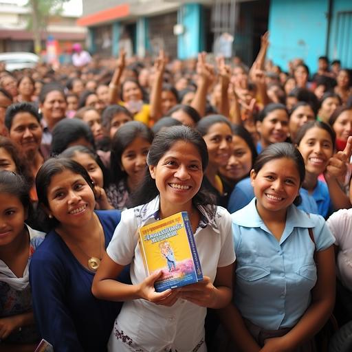 Una multitud de personas de México y Estados Unidos recibiendo un libro con portada y contra portada muy colorido, titulado 