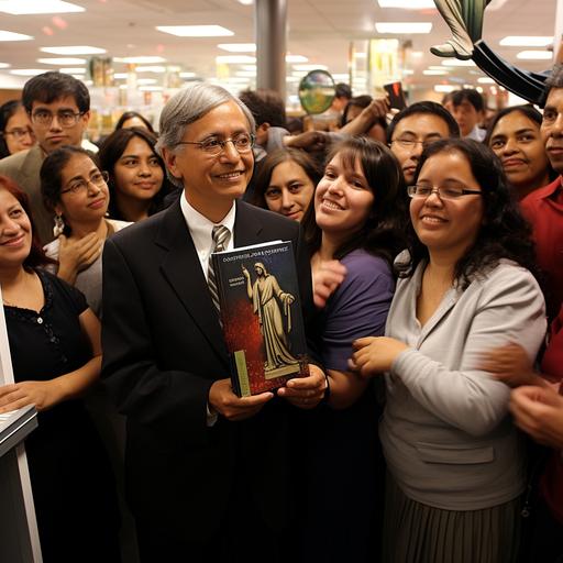 Una multitud de personas de México y Estados Unidos recibiendo un libro con portada y contra portada muy colorido, titulado 