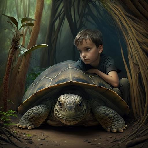 Una tortuga sabia en medio de la selva, enseña a los niños a cuidar el medio ambiente, foto realista en 4k