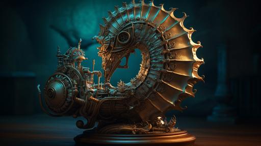 Under water, a Nautilus underwater dome in steampunk design, illuminates a steampunk statue with patina, dramatic light focused on the statue, ultra high detailed, steampunk seahorse --v 5 --s 200 --ar 16:9