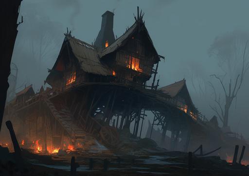 Underground wooden hamlet, ruins, flooded, scaffolding and wooden bridges, ruins   knight sitting by a bonfire,   distant glow,   dark fantasy environment, Dark Souls style,   painterly sky, dawn, distant blur, foggy, eerie,   detailed, realistic --ar 1414:1000 --niji 5 --style expressive