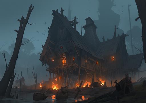 Underground wooden hamlet, ruins, flooded, scaffolding and wooden bridges, ruins   knight sitting by a bonfire,   distant glow,   dark fantasy environment, Dark Souls style,   painterly sky, dawn, distant blur, foggy, eerie,   detailed, realistic --ar 1414:1000 --niji 5 --style expressive