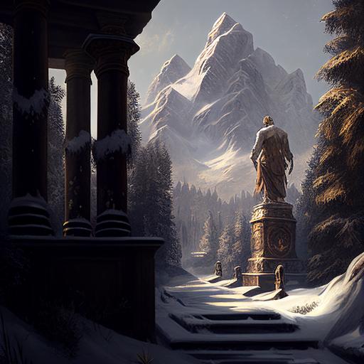 Underworld , cobblestoned, abandoned, derelict, winding through pine woodlands, old statues of kings and emperors on the roadside, distant snowcapped mountains, winter, snow, sunshine, golden light, photorealistic, cinematic, high detail
