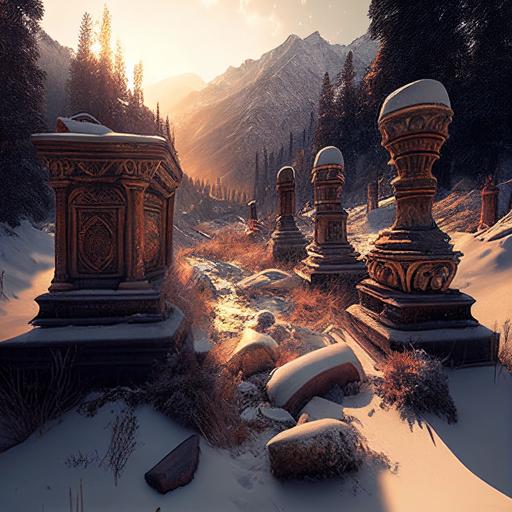 Underworld , cobblestoned, abandoned, derelict, winding through pine woodlands, old statues of kings and emperors on the roadside, distant snowcapped mountains, winter, snow, sunshine, golden light, photorealistic, cinematic, high detail