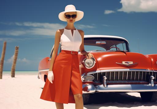 Une femme en robe rouge et blanche des années 1955 est debout sur le sable dune plage de Miami. On voit la mer. La femme porte un chapeau et des lunettes de soleil. Une cadillac blanche Eldorado de 1955 est garée sur le côté à gauche et on ne voit que la calandre et les chromes du pare-chocs.La femme porte de longs gants blancs. On voit le corps de la femme en entier et elle est située à droite de la scène. Ciel très bleu et nuages blancs et pas de palmier. Tous les détails de la scène sont nets. hyper realistic, photo shoot, 8k, perfect detail, double exposure, taken with a leica camera, lens hyperfocal f22 --ar 116:81 --style raw