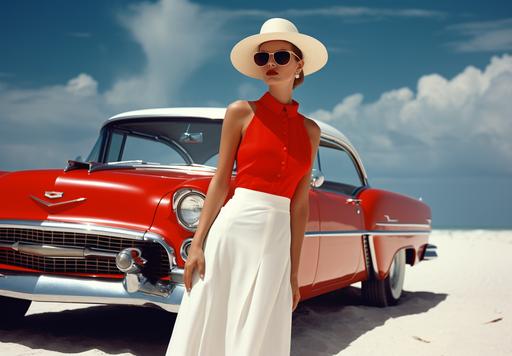 Une femme en robe rouge et blanche des années 1955 est debout sur le sable dune plage de Miami. On voit la mer. La femme porte un chapeau et des lunettes de soleil. Une cadillac blanche Eldorado de 1955 est garée sur le côté à gauche et on ne voit que la calandre et les chromes du pare-chocs.La femme porte de longs gants blancs. On voit le corps de la femme en entier et elle est située à droite de la scène. Ciel très bleu et nuages blancs et pas de palmier. Tous les détails de la scène sont nets. hyper realistic, photo shoot, 8k, perfect detail, double exposure, taken with a leica camera, lens hyperfocal f22 --ar 116:81 --style raw