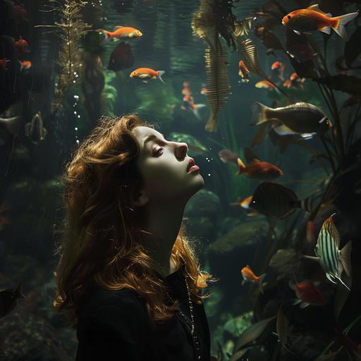 Une jeune femme rousse nageant dans un aquarium sombre et lugubre, entourée de poissons aux yeux vides et de plantes aquatiques tordues. La clarté lunaire perce à travers l'eau, créant des reflets fantomatiques sur les parois de verre --s 50 --v 6.0