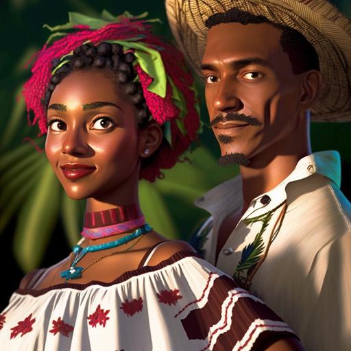 tropical dark skinned black skin Panamanian cartoon couple dramatic lighting, cinematic, colorful, action packed, hyperrealistic, detailed, 8k