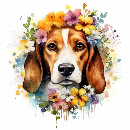 Unleash creativity of a beagle with flowers, beautiful features, incredibly unique, eye catching, omg this is beautiful, on white back drop, in style of watercolor