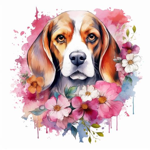Unleash creativity of a beagle with flowers, beautiful features, incredibly unique, eye catching, omg this is beautiful, on white back drop, in style of watercolor