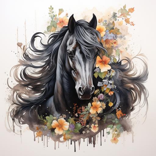 Unleash creativity of a black horse with flowers, beautiful features, expressive notes of neutral hues, shades, colors and tints, incredibly unique, eye catching, omg this is beautiful, on white back drop, in style of watercolor
