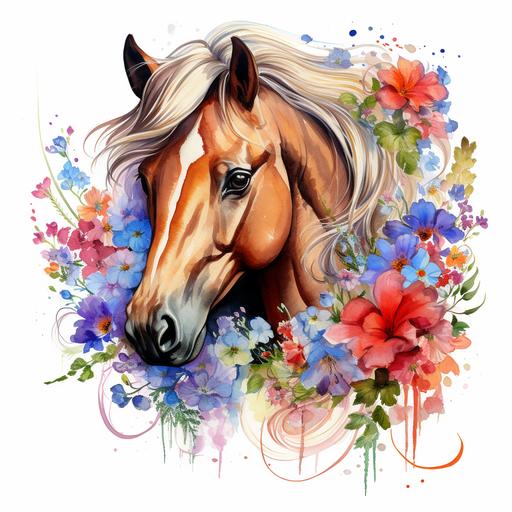 Unleash creativity of a horse with flowers, beautiful features, incredibly unique, eye catching, omg this is beautiful, on white back drop, in style of watercolor