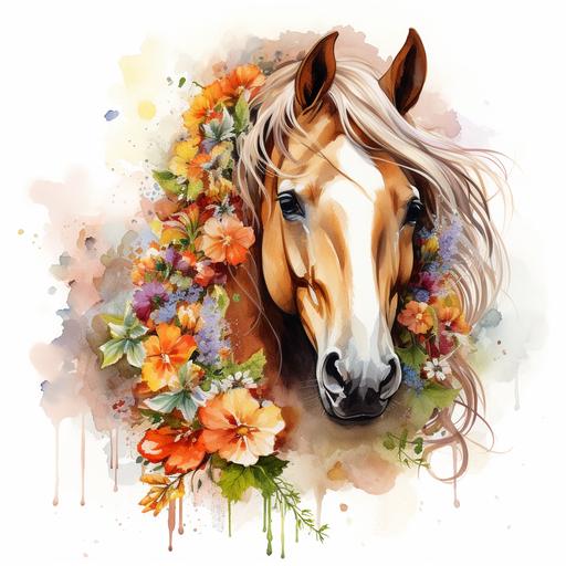 Unleash creativity of a horse with flowers, beautiful features, incredibly unique, eye catching, omg this is beautiful, on white back drop, in style of watercolor