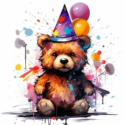 Unleash creativity of an adorable teddy bear wearing birthday cone, birthday theme, in the style of urban graffiti, eye catching, omg this is beautiful, on white back drop