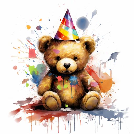 Unleash creativity of an adorable teddy bear wearing birthday cone, birthday theme, in the style of urban graffiti, unique texture, eye catching, on white back drop