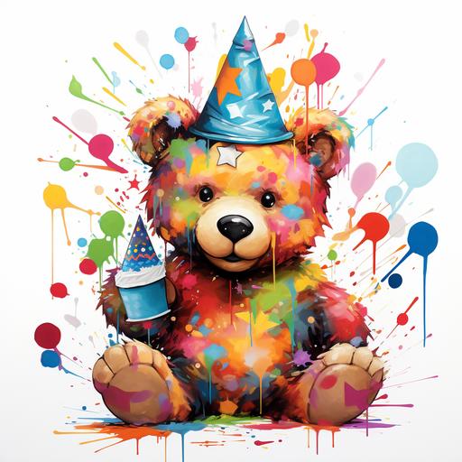 Unleash creativity of an adorable teddy bear wearing birthday cone, smiling, birthday theme, in the style of urban graffiti, eye catching, omg this is beautiful, on white back drop
