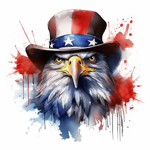 Unleash creativity of an eagle wearing uncle sam hat, with beautiful eyes, patriotic, in the style of urban graffiti, eye catching, omg this is beautiful, on white back drop, in style of watercolor