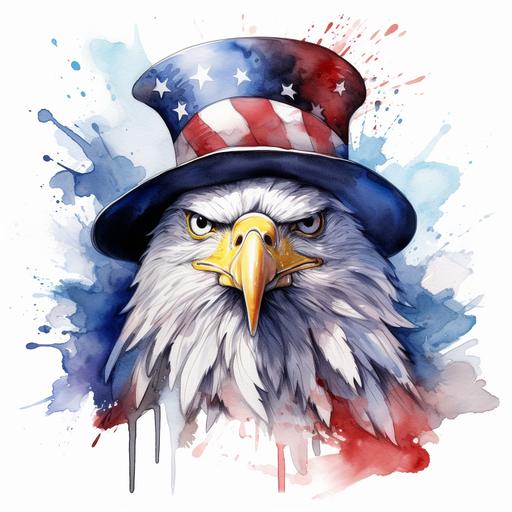 Unleash creativity of an eagle wearing uncle sam hat, with beautiful eyes, patriotic, in the style of urban graffiti, eye catching, omg this is beautiful, on white back drop, in style of watercolor