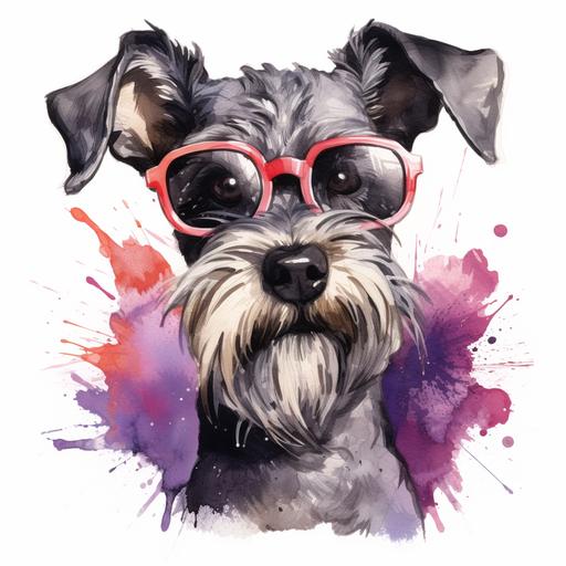 Unleash creativity of an schnauzer dog wearing heart-shaped sunglasses, whole body angle, beautiful features, valentine's theme, in the style of urban graffiti, eye catching, omg this is beautiful, on white back drop, in style of watercolor