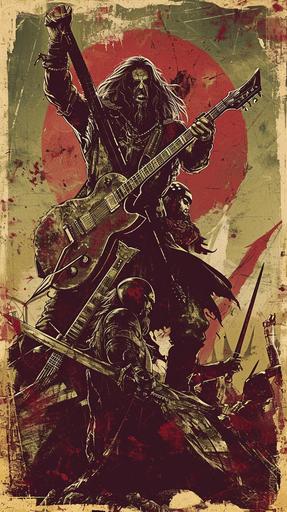 Unleash the medieval grunge mayhem, poster for grunge rock band from the 1990s, Picture a fusion of sword-wielding rebels and electric guitars, forging a sound that echoes through the ages, rock poster style --v 6.0 --ar 9:16