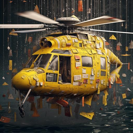 Unlimited mail from a water floating helicopter, with decorations of yellow folders, and a failing engine.