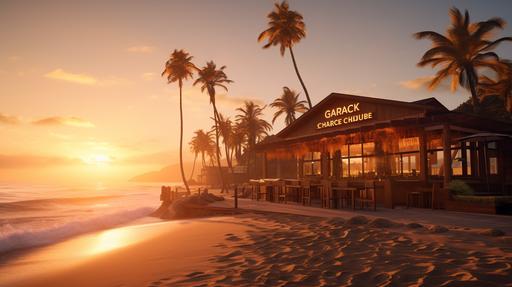 Unreal Engine 5 visualization of a California Pizza Kitchen shack nestled on a pristine beach during the golden hour. Warm tones of the setting sun reflecting off the shack's wooden structure. Soft focus on the shimmering ocean and silhouettes of swaying palm trees. High-resolution capture with Nikon Z7, emphasizing the serene beach ambiance and the iconic CPK branding --aspect 16:9