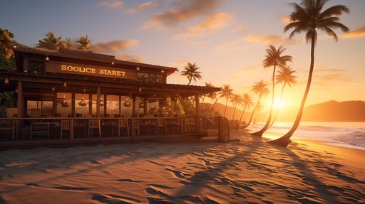 Unreal Engine 5 visualization of a California Pizza Kitchen shack nestled on a pristine beach during the golden hour. Warm tones of the setting sun reflecting off the shack's wooden structure. Soft focus on the shimmering ocean and silhouettes of swaying palm trees. High-resolution capture with Nikon Z7, emphasizing the serene beach ambiance and the iconic CPK branding --aspect 16:9