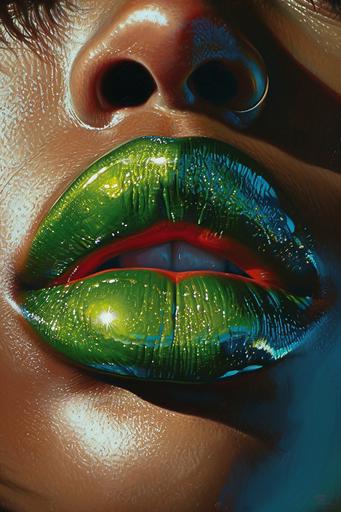 Up close of beautiful lips, intense green and white. Glossy gold, red and blue lipstick, pastel green eye shadower, african woman by artgerm, in the style of dynamic cityscapes, realistic hyper - detailed rendering, light cyan and red, windows vista, highly detailed figures, clockpunk, stockphoto, pastel tones, --ar 2:3 --v 6.0