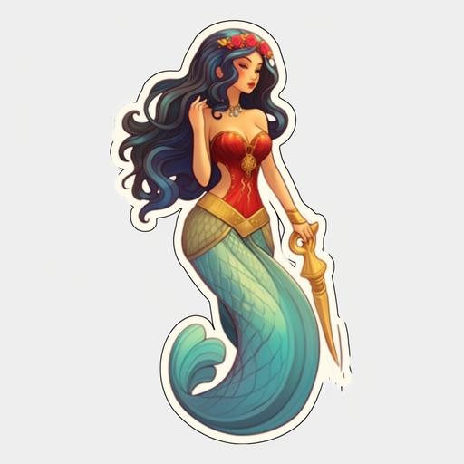 mermaid, princess, full body, beautiful color long mermaid tail, gold bra, red bra, super hero woman, black hair, teal hair, red lips, olive skin, sea chell accessories, cinematic, sticker