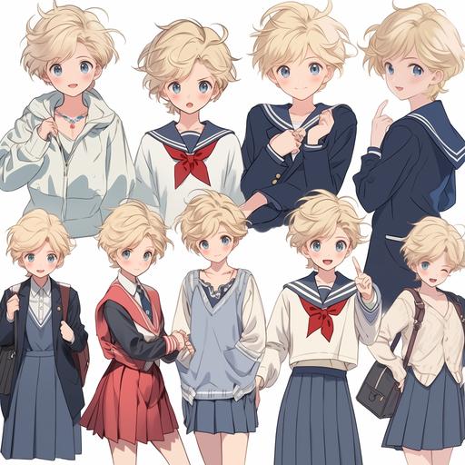 Upper bodies of blonde-haired characters wearing ordinary school uniforms of various ages --niji 5
