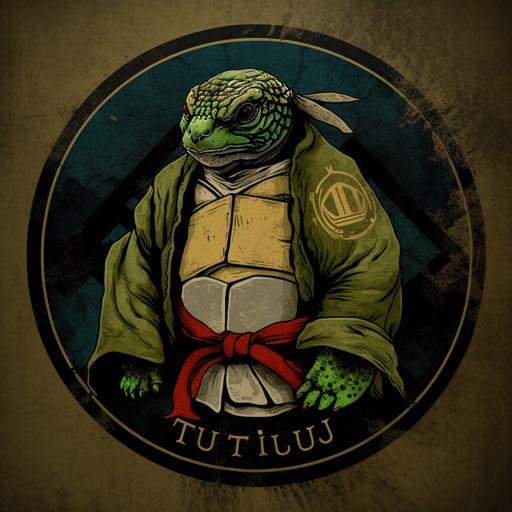 Upscaling image #1 with a logo about turtle doing jiu jitsu with kimono, add text 