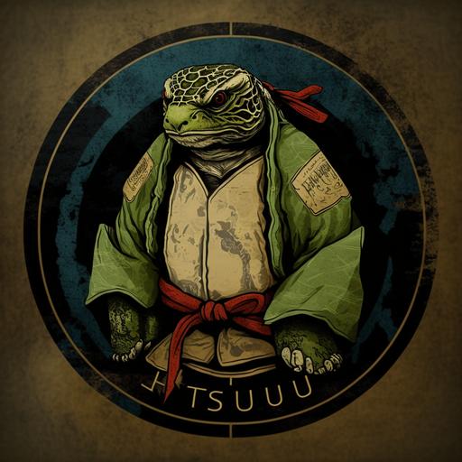 Upscaling image #1 with a logo about turtle doing jiu jitsu with kimono, add text 