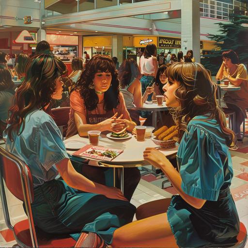 SoCal Valley girls. Like OMG. Grody. Gag me with a spoon. Cartoon. Mall food court.Realistic hands. Perfect hands and fingers. 1980’s --v 6.0