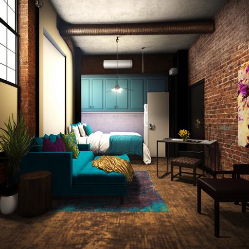 Urban apartment with brick walls and concrete floors::L-shaped studio apartment with a bedroom nook. The queen-sized bed has gold bedding. In a large closet off the main living space is a painter's studio room, with an easel. The living room has a turquoise blue, velvet couch. The kitchen is open to the living room and has mahogany cabinets and metal countertops. Outside the windows is the Pittsburgh skyline.