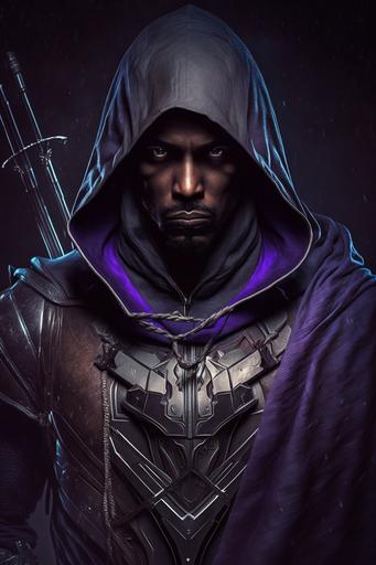 deamon hunter, male with tan skin, beared, hooded, black cape, purple cross pin, silver armor, deep set of eyes, in the shadows, dark, thefe, holding a crossbow, 8K, --ar 2:3