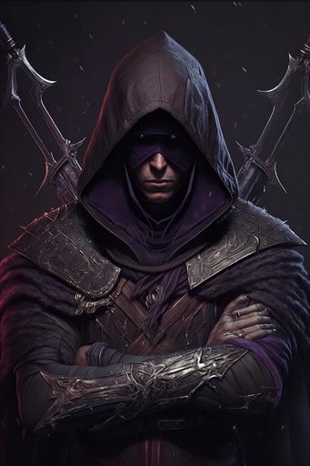 deamon hunter, male with tan skin, beared, hooded, black cape, purple cross pin, silver armor, deep set of eyes, in the shadows, dark, thefe, holding a crossbow, 8K, --ar 2:3
