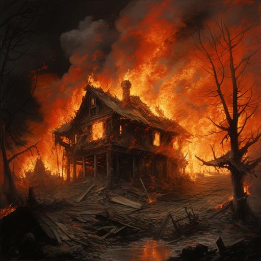 house burnt down and on fire all in ruble in the style of Gustave Doré