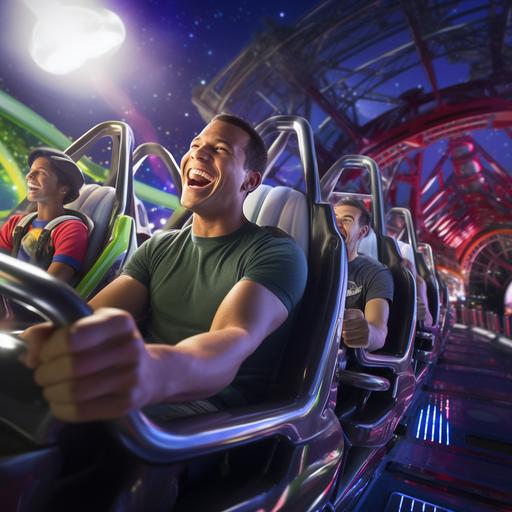 Use a Nikon D850 DSLR camera. Real photograph of Disney World guests riding a Buzz Lightyear themed roller coaster --no camera