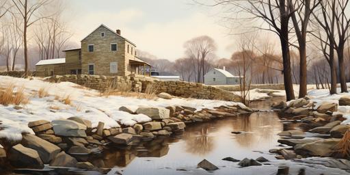 Use a wide-angle lens on a medium format camera to capture a hyper-realistic, 64K digital painting of a picturesque LANCASTER COUNTY, PA farm with white birch trees during Winter. The scene should showcase a large stone home with waterwheel, and with stone walls and a running river, waterfall with exposed rocks, and birch trees. The painting should be done in the watercolor style of Andrew Wyeth with an emphasis on warm textures and deep snow. Composition should include blue and purple mountain range in the background. The lighting should be dark and moody, with stormy clouds, neutral colors, grasses and branches coming up through snow ultra realistic, photorealistic, insanely detailed and intricate, cinematic, photorealistic, neon ambience, radiant energy, dynamic pose, photographs, unsplash, Accent Lighting, Global Illumination, Screen Space Global Illumination, Ray Tracing Global Illumination, Optics, Scattering, Glowing, Shadows, Rough, Shimmering, Ray Tracing Reflections, Lumen Reflections, Screen Space Reflections, Diffraction Grading, Chromatic Aberration, GB Displacement, Scan Lines, Ray Traced, Ray Tracing Ambient Occlusion, Anti Aliasing, FKAA, TXAA, RTX, SSAO, Shaders, OpenGL-Shaders, GLSL-Shaders, Post Processing, Post-Production, Cell Shading, Tone Mapping, CGI, VFX, SFX, insanely detailed and intricate, hyper maximalist, elegant, super detailed, photography, sharpen, 32k, --ar 10:5 --s 750 --q 2