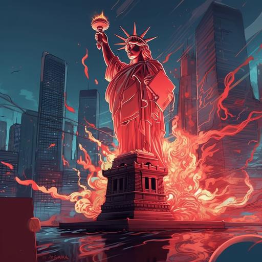 Use illustration, extremely bold outline of a red chinese dragon destroying the statue of liberty in a futuristic New York City. Utilize vivid color, Yoneyama Mai, acrylic painting, pixiv, 8k, best quality, ultra detailed –ar 9:16 Accent Lighting, Global Illumination, Screen Space Global Illumination, Ray Tracing Global Illumination, Optics, Scattering, Glowing, Shadows, Rough, Shimmering, Ray Tracing Reflections, Lumen Reflections, Screen Space Reflections, Diffraction Grading, Chromatic Aberration, GB Displacement, Scan Lines, Ray Traced, Ray Tracing Ambient Occlusion, Anti Aliasing, FKAA, TXAA, RTX, SSAO, Shaders, OpenGL-Shaders, GLSL-Shaders, Post Processing, Post-Production, Cell Shading, Tone Mapping, CGI, VFX, SFX, insanely detailed and intricate, hyper maximalist, elegant, super detailed, photography, sharpen, 32k --v 5 --q 2 --s 750