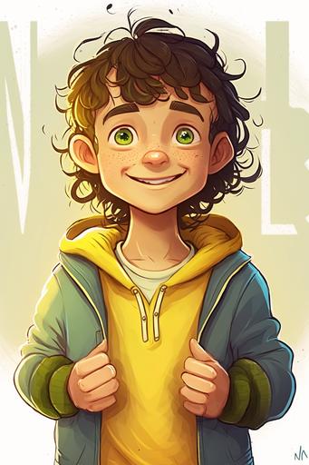 Use the face in the image. He is 10 years old, cute, handsome, joyful, happy, smiling lips, hands up, standing in welcome. Yellow hoodie, jeans, light blue sneakers. The background must be white.--no outline --ar 2:3