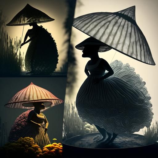 Use the following link, , https:/ / www. linkpicture. com/ q/ LINE_ ALBUM_ 230314_ 5. jpg, and use worlds, Skirt, silhouette,basket fish, mushrooms, fish, detail, enimated3D, realistic4K