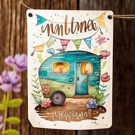 Using a watercolor illustration style, design a warm and lively camping garden flag. Draw a cute camping car, tent, campfire, and roasted marshmallows on a wooden textured background. Add the text（HAPPY CAMPER）HAPPY CAMPER to the garden flag.