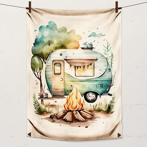 Using watercolor illustration style, design a camping garden flag with a cute camping car, tent, campfire, and roasted marshmallows on a wooden texture background, ，watercolor