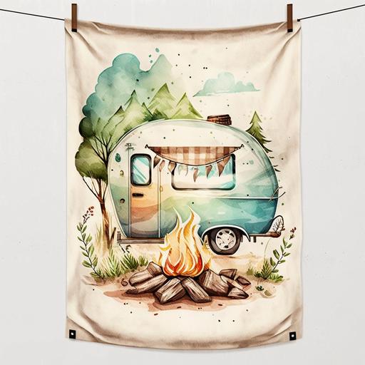 Using watercolor illustration style, design a camping garden flag with a cute camping car, tent, campfire, and roasted marshmallows on a wooden texture background, ，watercolor