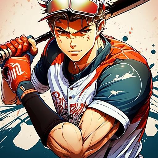 Using your image-generating capabilities, please create an anime-style image of a cool and inspiring baseball hero. The character should exude confidence and strength, and be visually appealing with a dynamic pose and captivating expression. The hero's baseball uniform and equipment should be included in the image.