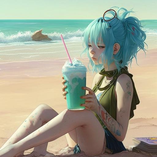 baby blue hair anime girl drinking blue drink while relaxing beside beach
