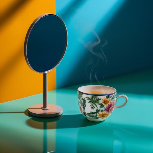 VERY CLOSE UP Food Photography, bird's eye view angle, Nikon D750, a small standing mirror tilted to the left next to a steaming porcelain tea cup with floral designs, wholly blue colorful wall --s 50 --style raw --v 6.0